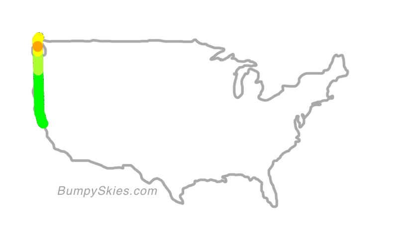 Map of continental US with illustrated flight path and turbulence forecast (described in text below)