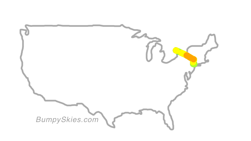 Map of continental US with illustrated flight path and turbulence forecast (described in text below)