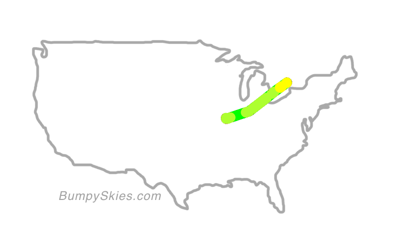 Map of continental US with illustrated flight path and turbulence forecast (described in text below)
