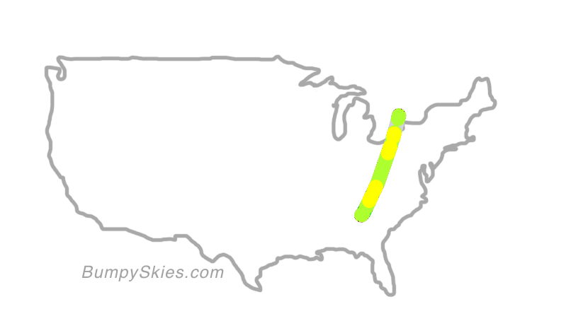 Map of continental US with illustrated flight path and turbulence forecast (described in text below)