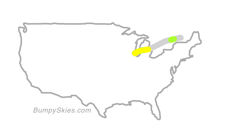 Map of continental US with illustrated flight path and turbulence forecast (described in text below)