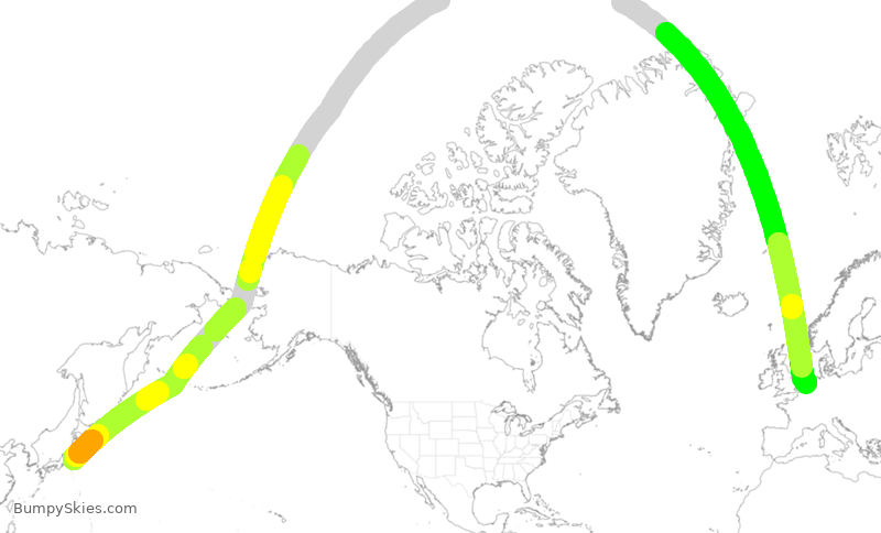 Turbulence forecast map for KLM864, NRT to AMS