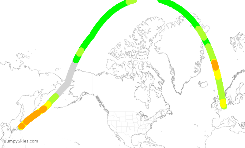 Turbulence forecast map for KLM866, NRT to AMS