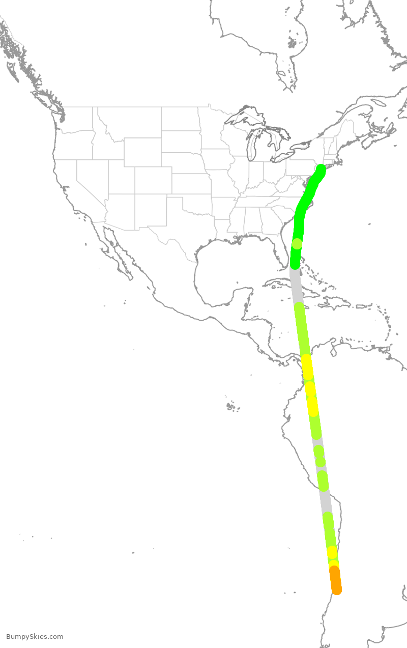 Turbulence forecast map for LAN1142, SCL to JFK