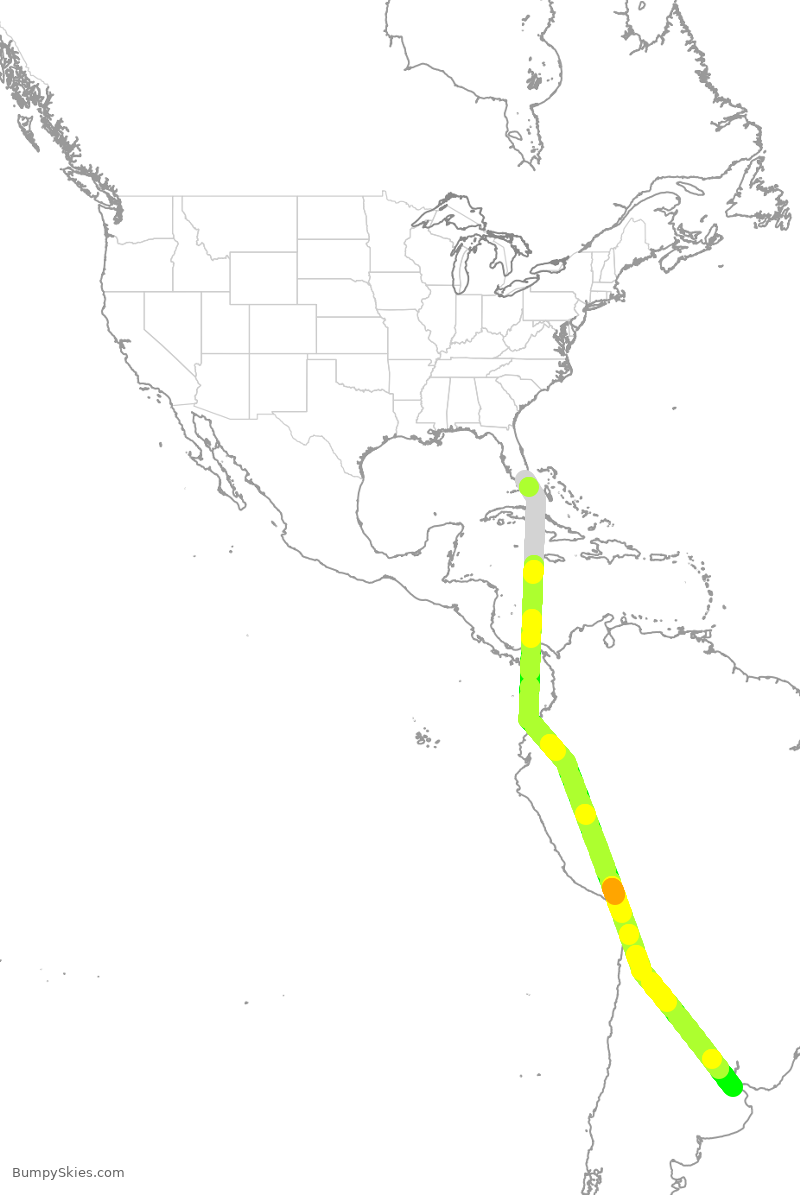 Turbulence forecast map for LAN543, MIA to AEZ