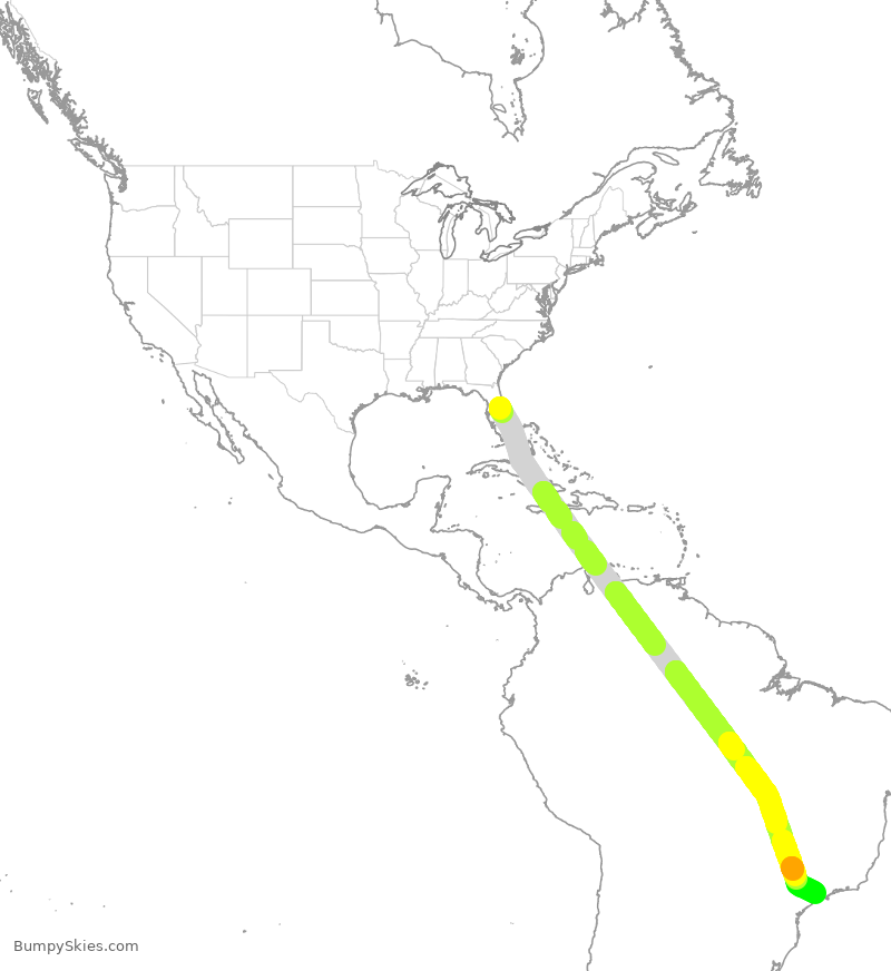 Turbulence forecast map for LAN627, MCO to GRU