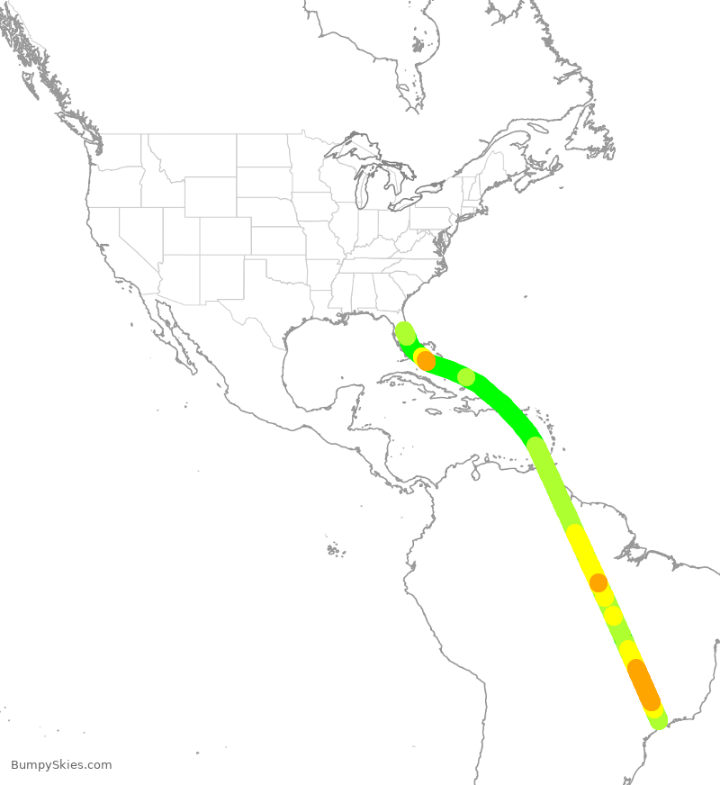 Turbulence forecast map for LAN8186, GRU to MCO