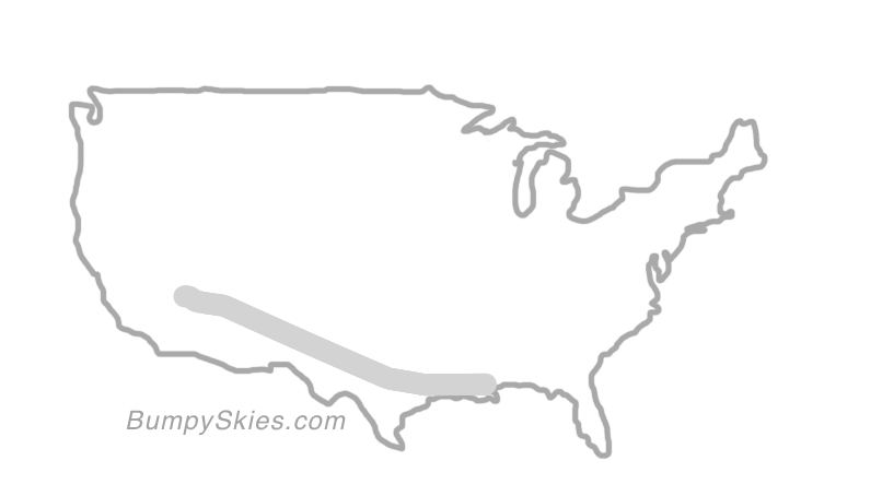 Map of continental US with illustrated flight path and turbulence forecast (described in text below)