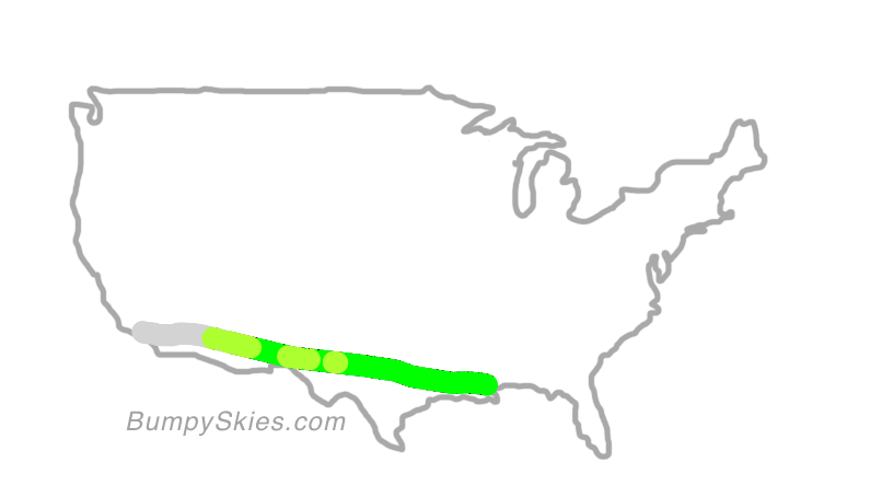 Map of continental US with illustrated flight path and turbulence forecast (described in text below)
