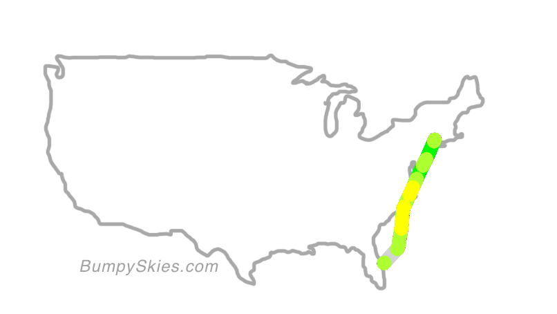 Map of continental US with illustrated flight path and turbulence forecast (described in text below)