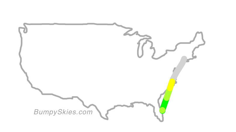 Map of continental US with illustrated flight path and turbulence forecast (described in text below)