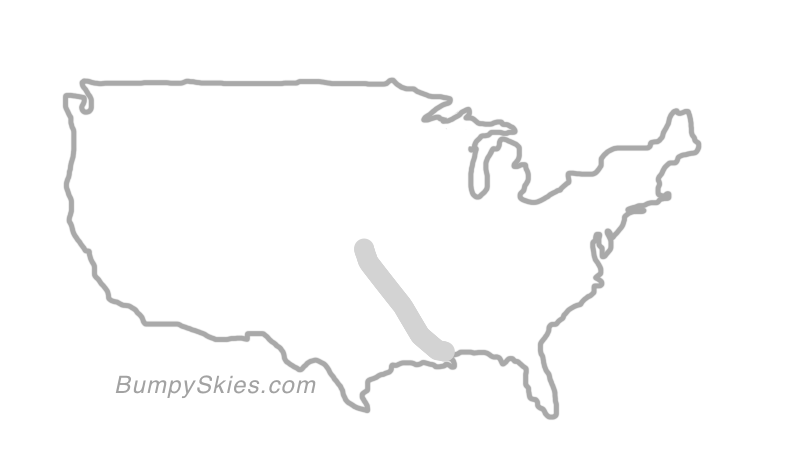 Map of continental US with illustrated flight path and turbulence forecast (described in text below)