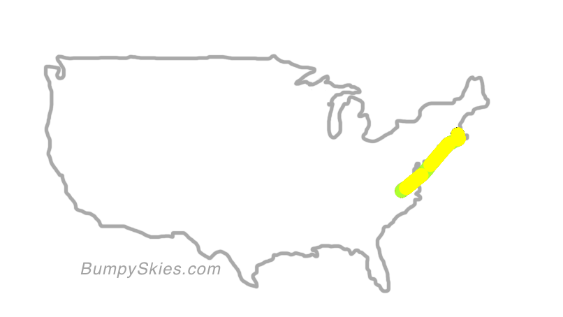 Map of continental US with illustrated flight path and turbulence forecast (described in text below)