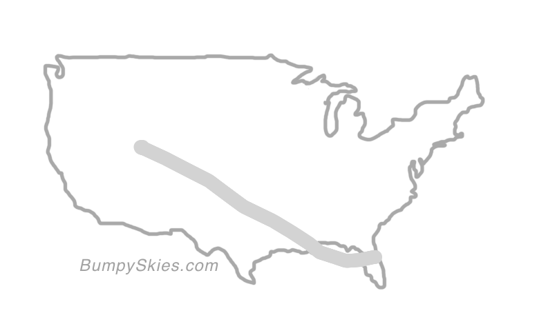 Map of continental US with illustrated flight path and turbulence forecast (described in text below)