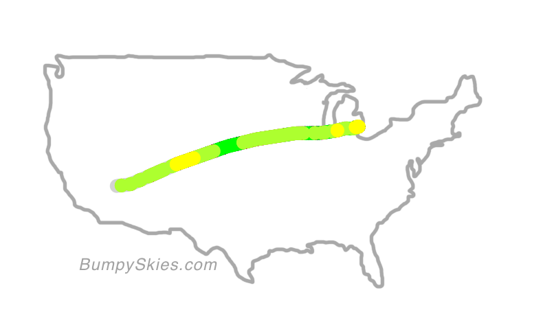 Map of continental US with illustrated flight path and turbulence forecast (described in text below)