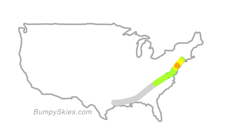 Map of continental US with illustrated flight path and turbulence forecast (described in text below)