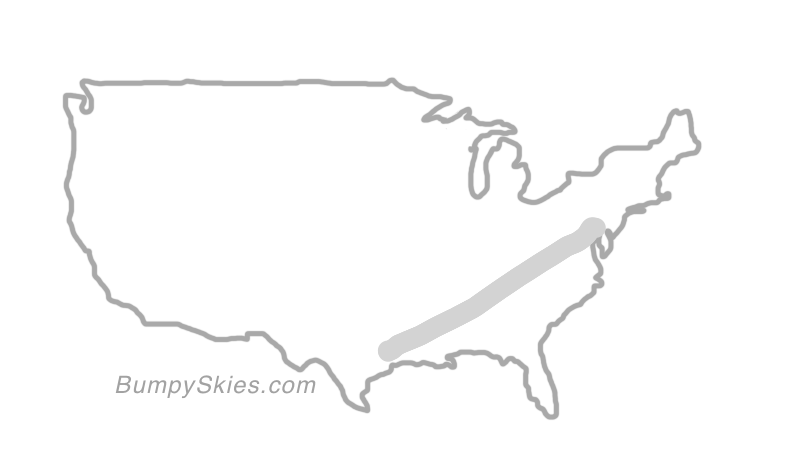 Map of continental US with illustrated flight path and turbulence forecast (described in text below)