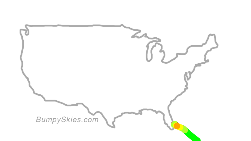 Map of continental US with illustrated flight path and turbulence forecast (described in text below)