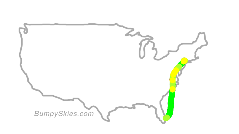 Map of continental US with illustrated flight path and turbulence forecast (described in text below)