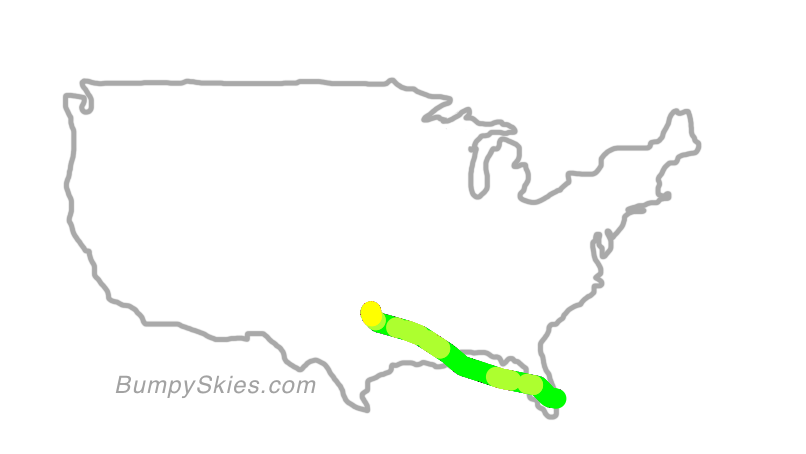 Map of continental US with illustrated flight path and turbulence forecast (described in text below)