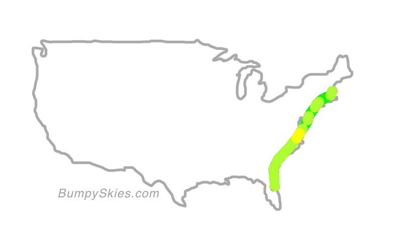Map of continental US with illustrated flight path and turbulence forecast (described in text below)