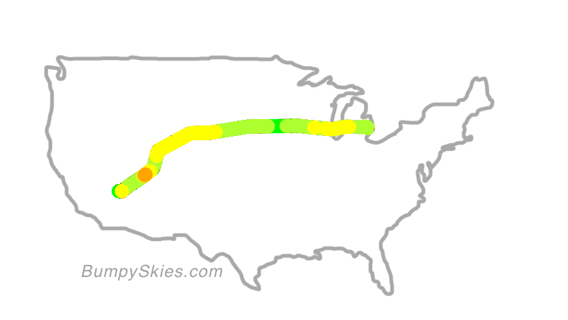 Map of continental US with illustrated flight path and turbulence forecast (described in text below)