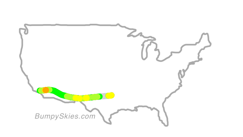 Map of continental US with illustrated flight path and turbulence forecast (described in text below)