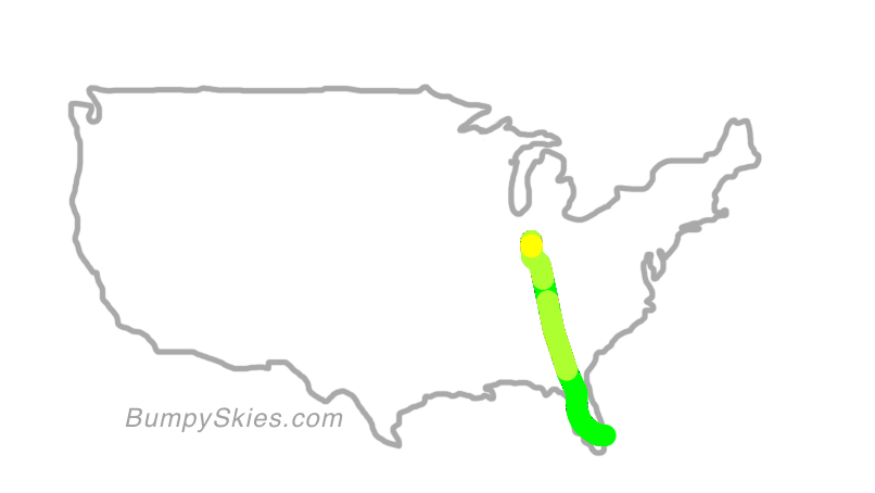 Map of continental US with illustrated flight path and turbulence forecast (described in text below)