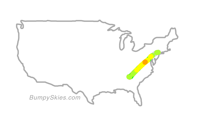 Map of continental US with illustrated flight path and turbulence forecast (described in text below)