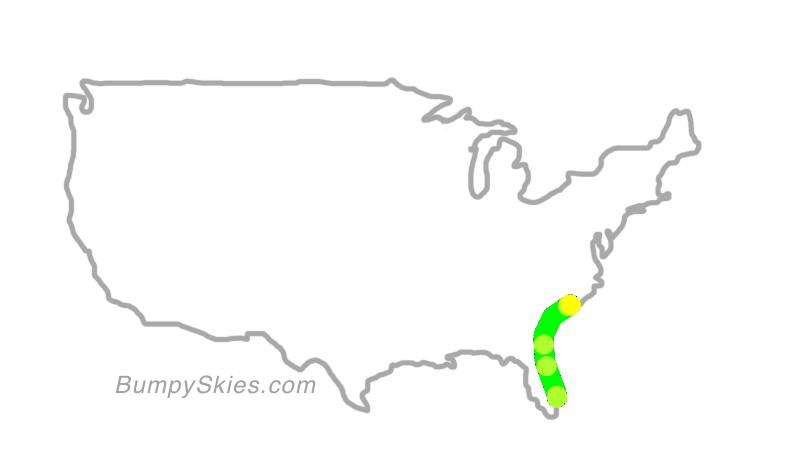 Map of continental US with illustrated flight path and turbulence forecast (described in text below)