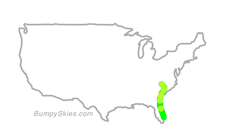 Map of continental US with illustrated flight path and turbulence forecast (described in text below)