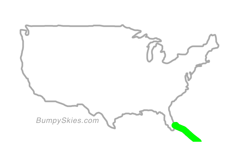 Map of continental US with illustrated flight path and turbulence forecast (described in text below)