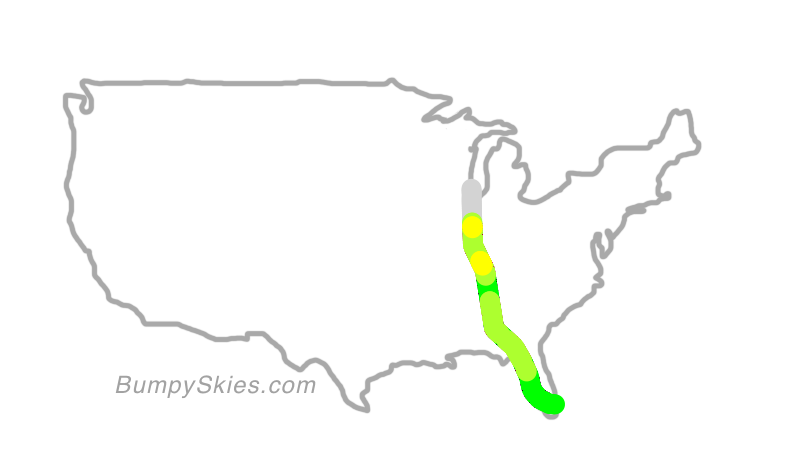 Map of continental US with illustrated flight path and turbulence forecast (described in text below)