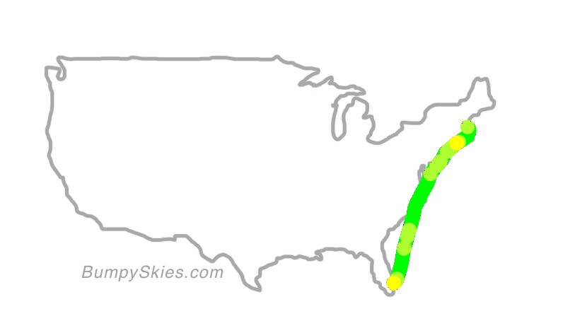 Map of continental US with illustrated flight path and turbulence forecast (described in text below)