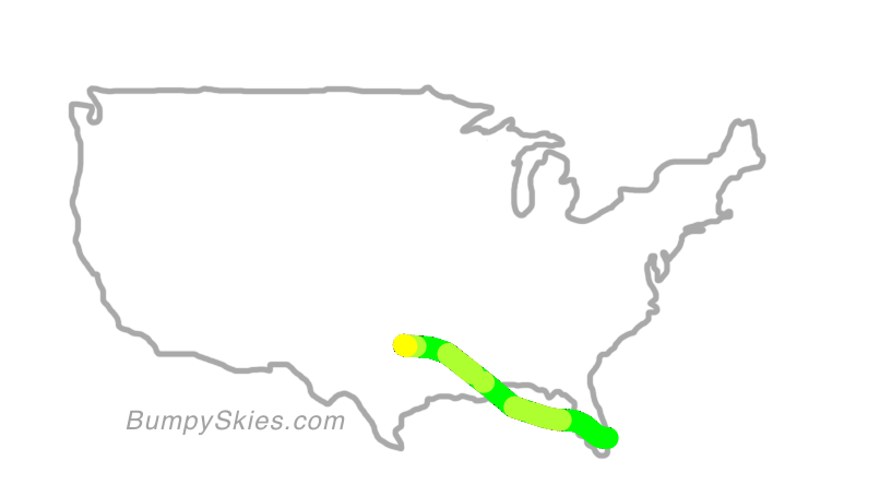 Map of continental US with illustrated flight path and turbulence forecast (described in text below)