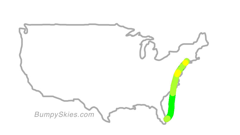 Map of continental US with illustrated flight path and turbulence forecast (described in text below)
