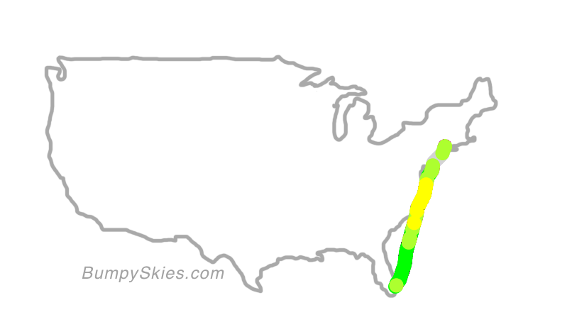 Map of continental US with illustrated flight path and turbulence forecast (described in text below)