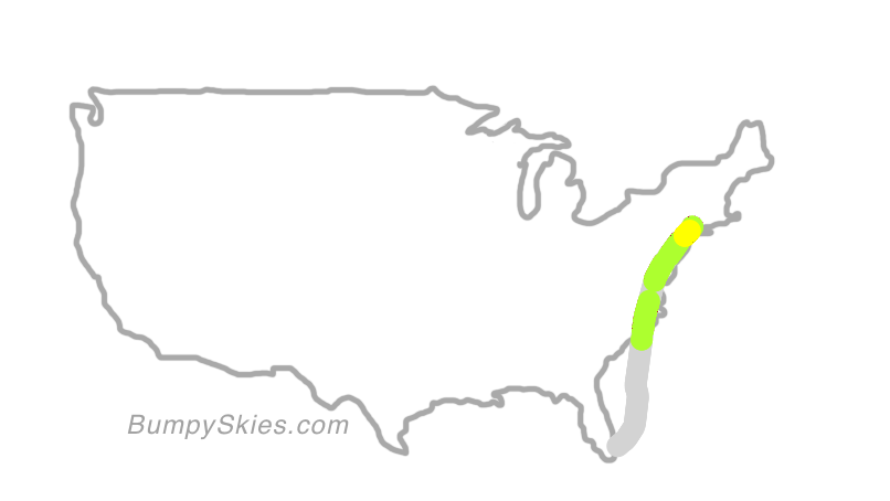 Map of continental US with illustrated flight path and turbulence forecast (described in text below)