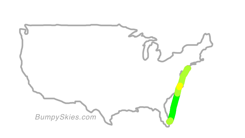 Map of continental US with illustrated flight path and turbulence forecast (described in text below)
