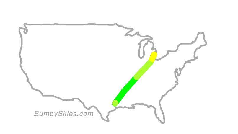 Map of continental US with illustrated flight path and turbulence forecast (described in text below)