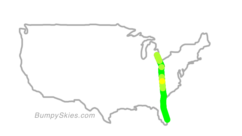 Map of continental US with illustrated flight path and turbulence forecast (described in text below)
