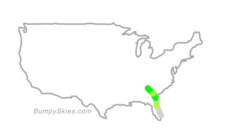 Map of continental US with illustrated flight path and turbulence forecast (described in text below)