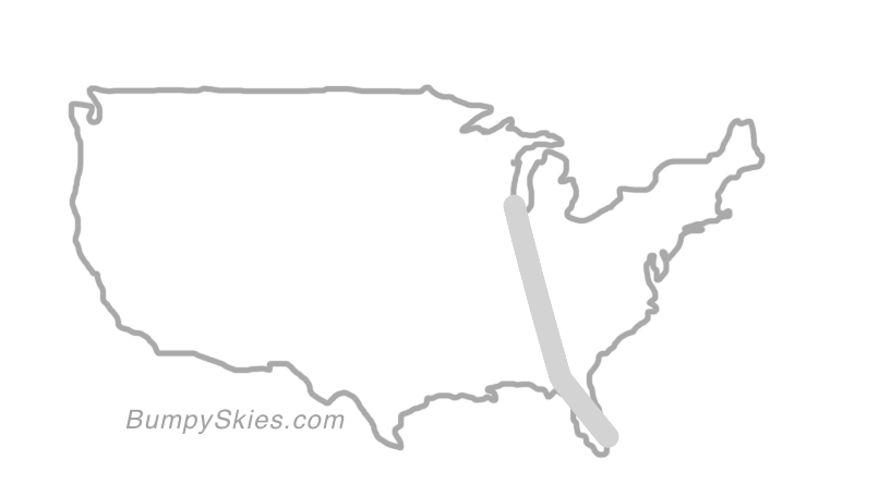 Map of continental US with illustrated flight path and turbulence forecast (described in text below)