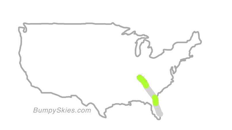 Map of continental US with illustrated flight path and turbulence forecast (described in text below)