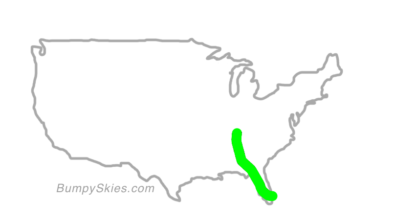 Map of continental US with illustrated flight path and turbulence forecast (described in text below)
