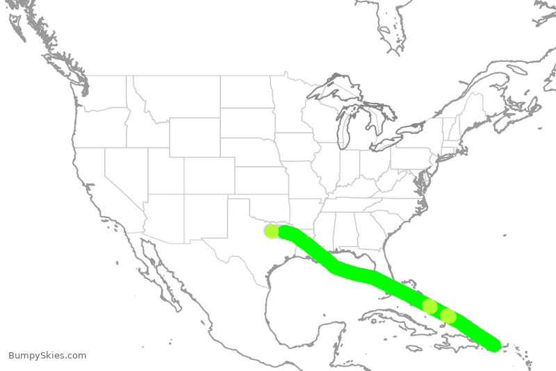 Turbulence forecast map for NKS2207, DFW to JSJ