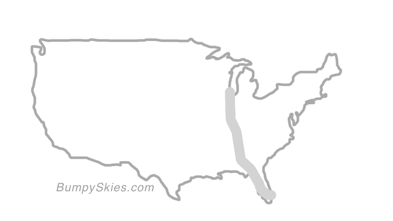Map of continental US with illustrated flight path and turbulence forecast (described in text below)