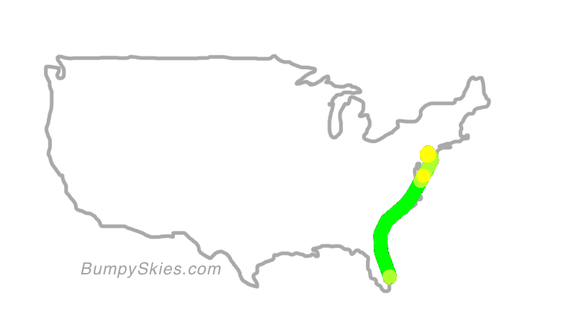 Map of continental US with illustrated flight path and turbulence forecast (described in text below)