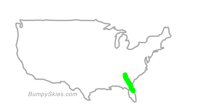 Map of continental US with illustrated flight path and turbulence forecast (described in text below)