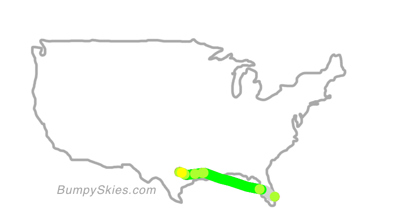 Map of continental US with illustrated flight path and turbulence forecast (described in text below)